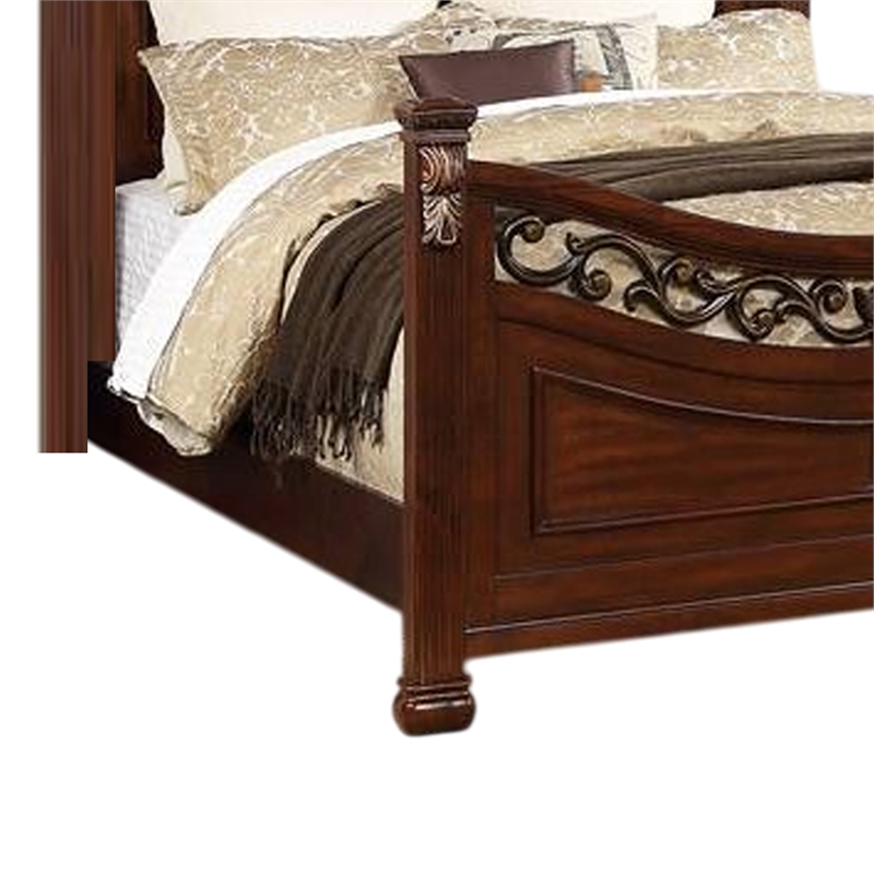 Pemberly Row King Bed with Arched Carved Leaf Headboard & Bun Feet in Oak Brown