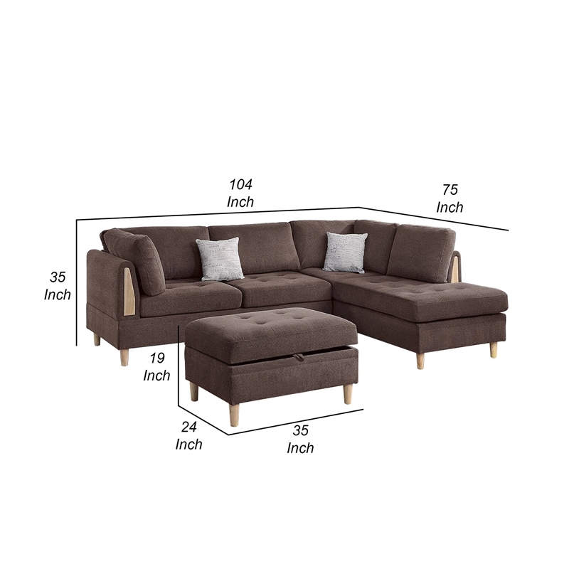 Pemberly Row 3 Piece L Shape Sectional Sofa with Ottoman and Storage in Brown
