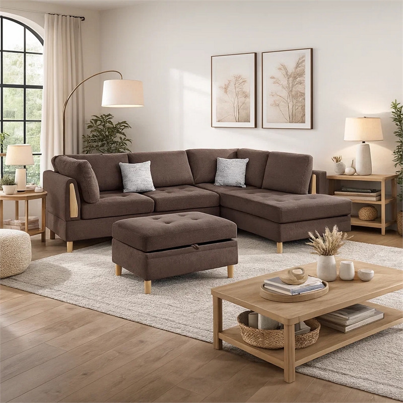 Pemberly Row 3 Piece L Shape Sectional Sofa with Ottoman and Storage in Brown