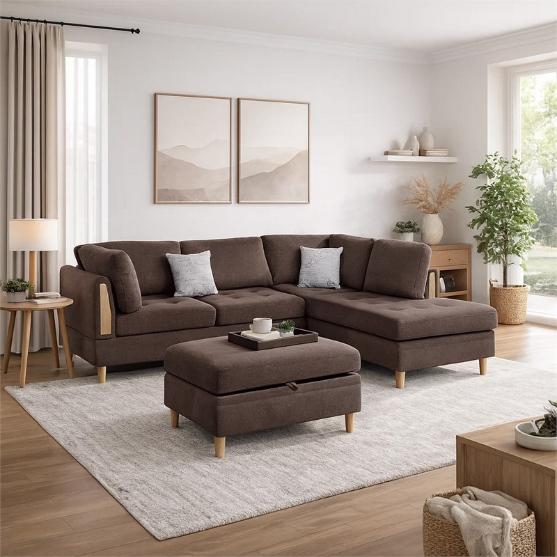 Pemberly Row 3 Piece L Shape Sectional Sofa with Ottoman and Storage in Brown