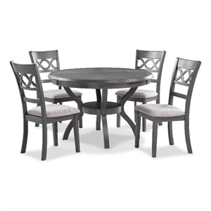 Pemberly Row 5 Pc Round Dining Set with Rubberwood Table & Fabric Chairs in Gray