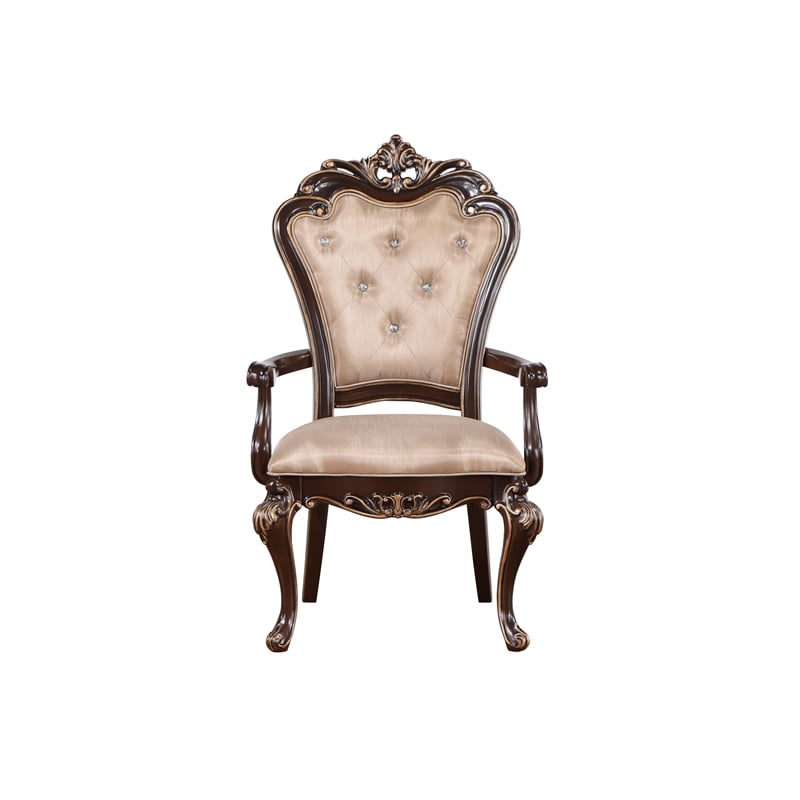 Pemberly Row 2Pc Tufted Dining Armchairs in Cherry Brown with Beige Upholstery