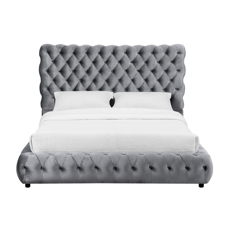 Pemberly Row Queen Platform Bed with Button Tufted Headboard in Gray Velvet