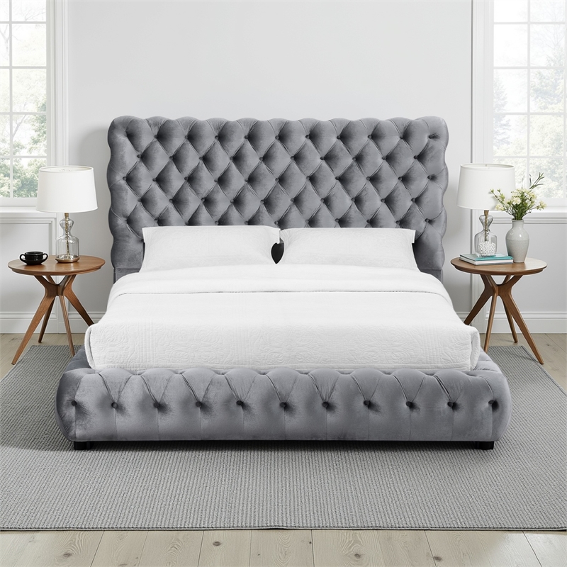 Pemberly Row Queen Platform Bed with Button Tufted Headboard in Gray Velvet