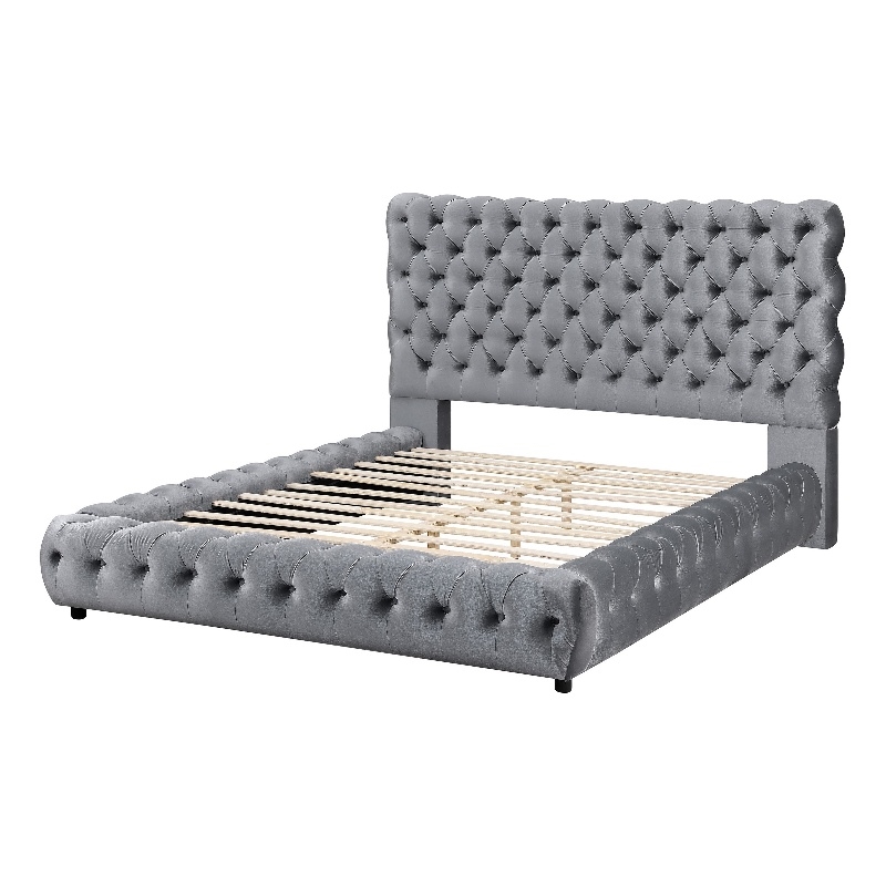 Pemberly Row Queen Platform Bed with Button Tufted Headboard in Gray Velvet
