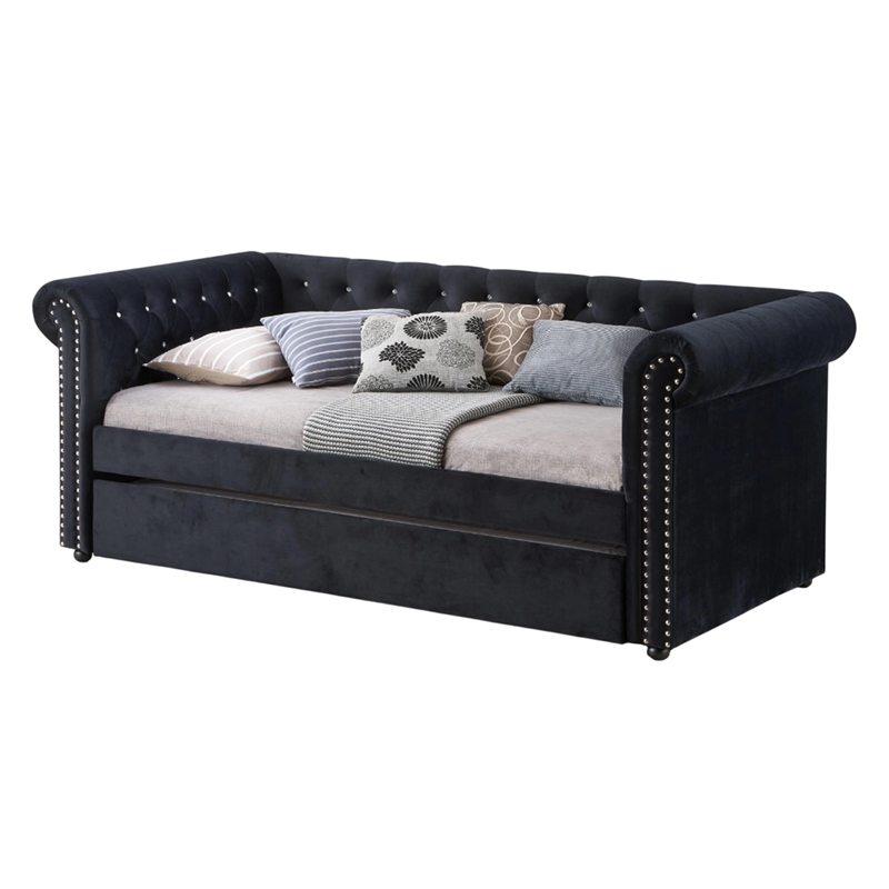 Pemberly Row Chesterfield Daybed with Trundle & Crystal Button Tufting in Black