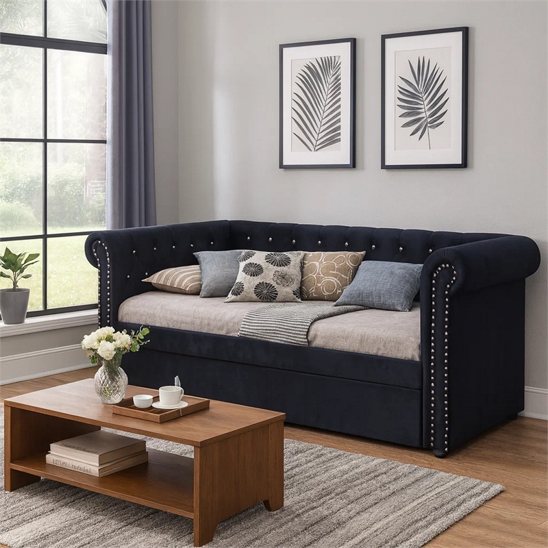 Pemberly Row Chesterfield Daybed with Trundle & Crystal Button Tufting in Black