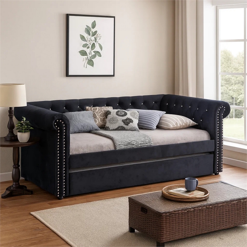 Pemberly Row Chesterfield Daybed with Trundle & Crystal Button Tufting in Black