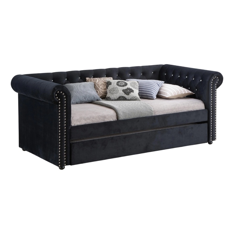 Pemberly Row Chesterfield Daybed with Trundle & Crystal Button Tufting in Black