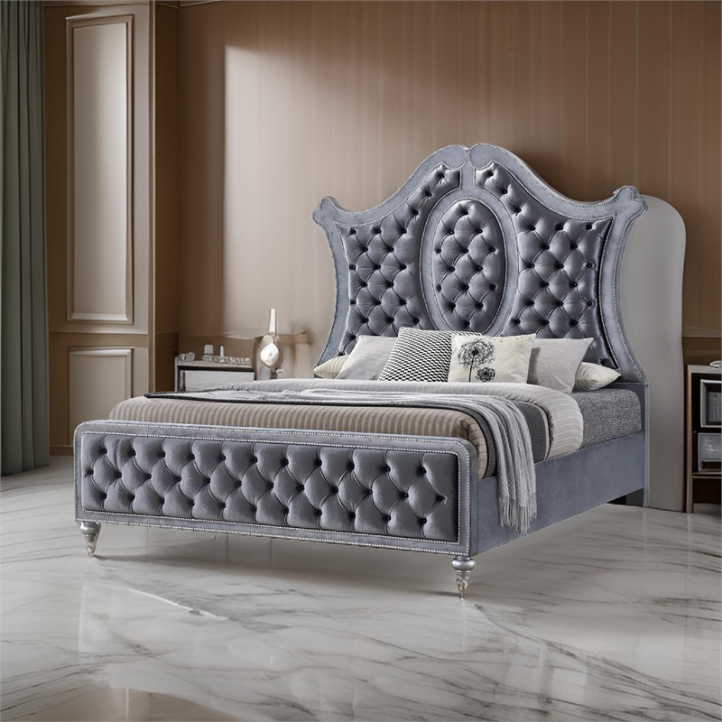 Pemberly Row King Bed with Curved Tufted Headboard and Turned Legs in Gray