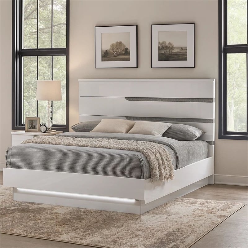 Pemberly Row King Bed w/ LED Headboard & Crushed Crystal Accents in Glossy White