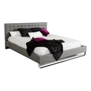 Pemberly Row King Platform Bed with Grid Tufted Headboard in Gray Faux Leather