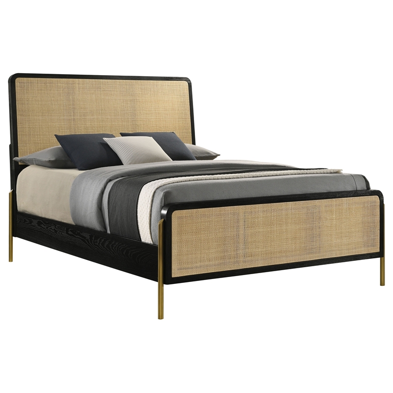 Pemberly Row King Bed with Natural Rattan Woven Panel Headboard in Black & Gold