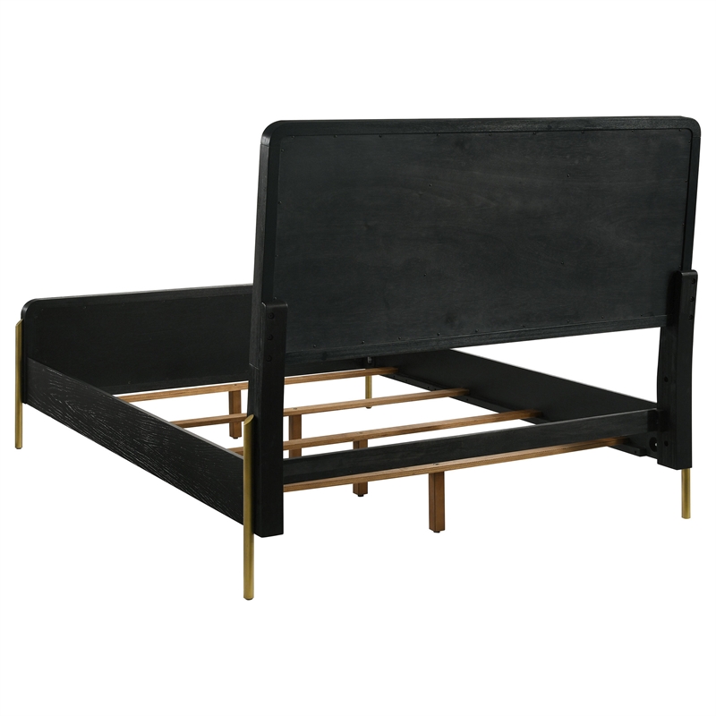 Pemberly Row King Bed with Natural Rattan Woven Panel Headboard in Black & Gold