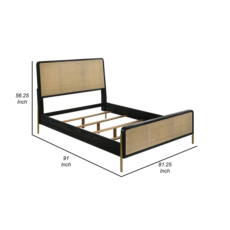 Pemberly Row King Bed with Natural Rattan Woven Panel Headboard in Black & Gold