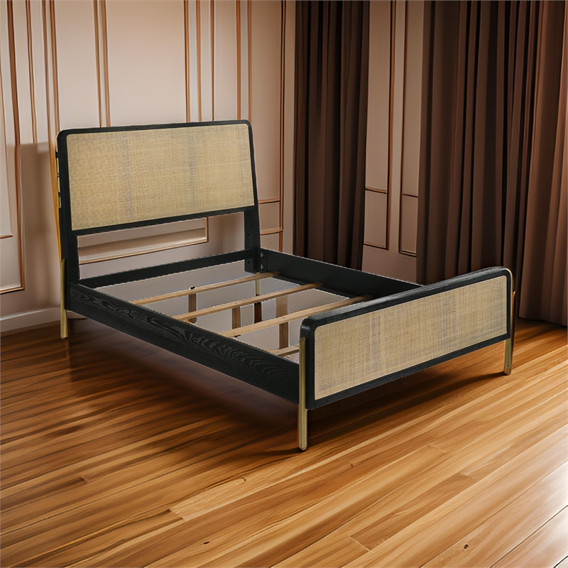 Pemberly Row King Bed with Natural Rattan Woven Panel Headboard in Black & Gold