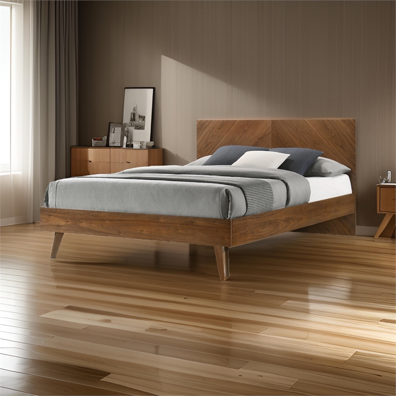 Pemberly Row Queen Platform Bed with Chevron Pattern Headboard in Walnut Brown