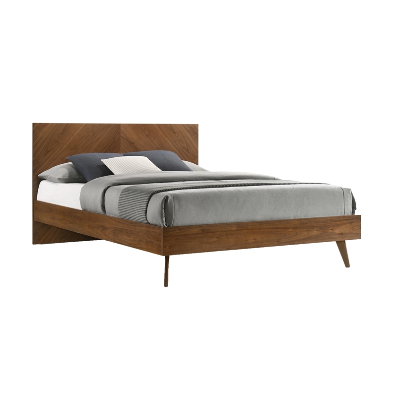 Pemberly Row Queen Platform Bed with Chevron Pattern Headboard in Walnut Brown