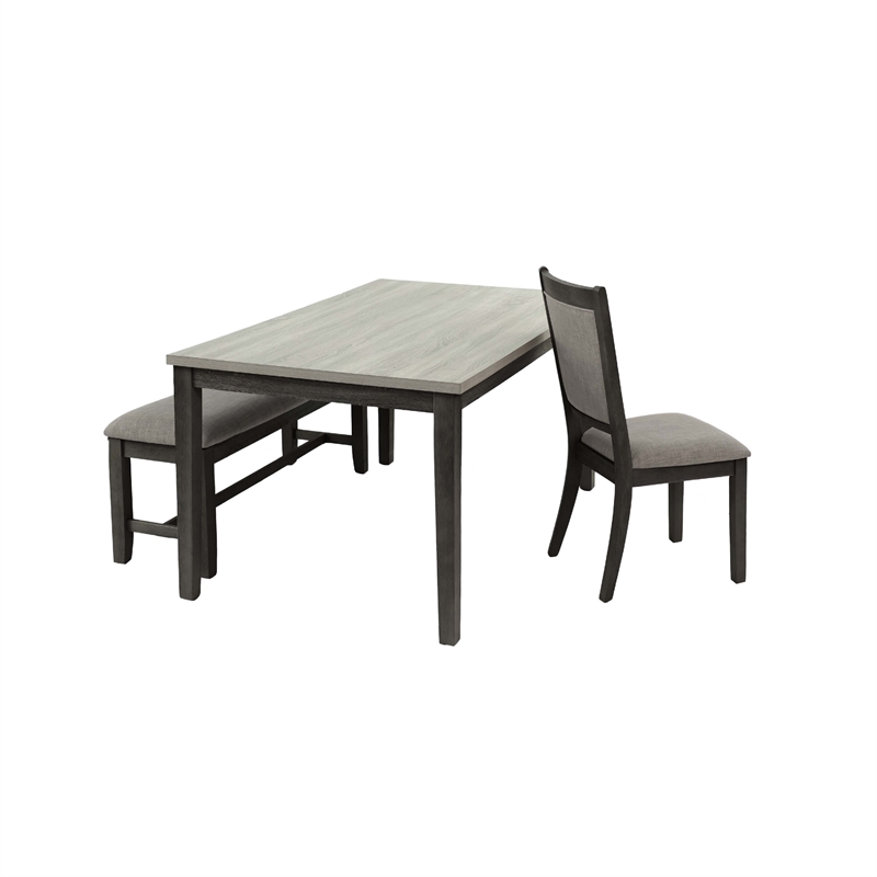 Pemberly Row 6 Pc Dining Set with Rubberwood Table and Bench in Gray and Black