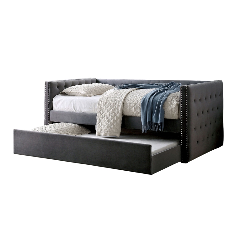 Pemberly Row Button Tufted Daybed w/ Trundle & Nailhead Trim in Gray Flannelette