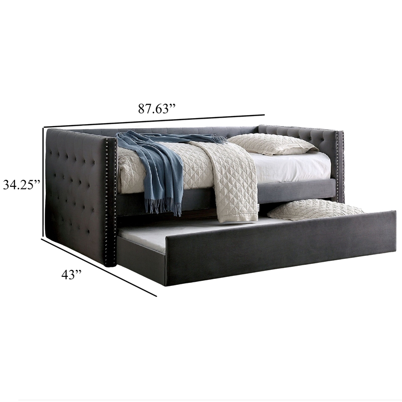 Pemberly Row Button Tufted Daybed w/ Trundle & Nailhead Trim in Gray Flannelette