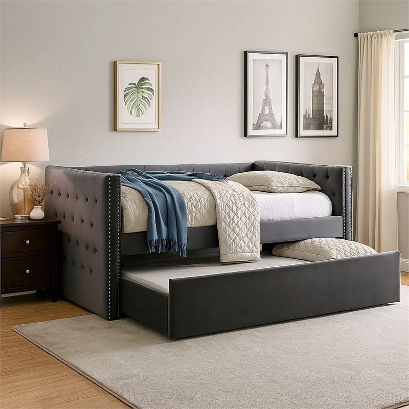 Pemberly Row Button Tufted Daybed w/ Trundle & Nailhead Trim in Gray Flannelette
