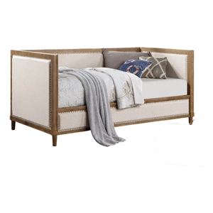 Pemberly Row Twin Daybed with Nailhead Trim and Beige Linen Panels in Light Oak