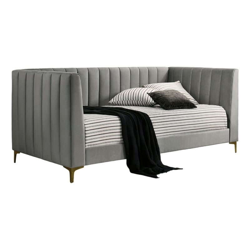 Pemberly Row Twin Daybed with Channel Tufted Tuxedo Arms and Gold Legs in Gray