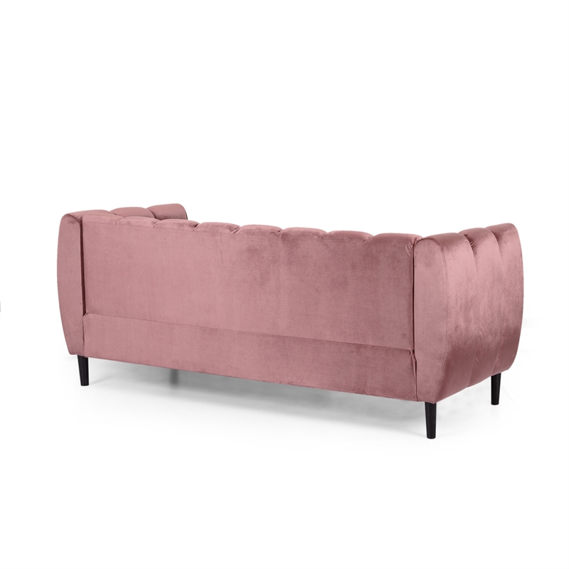 Pemberly Row 83 Inch Channel Tufted Chesterfield Sofa in Blush Pink Velvet
