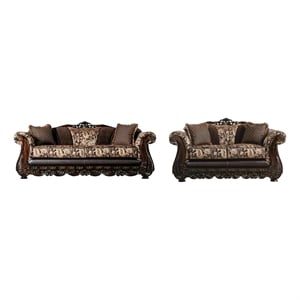 Pemberly Row 2 Pc Sofa & Loveseat Set with Wood Trim & Bun Feet in Brown & Gold