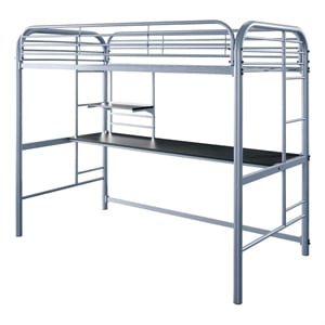 Pemberly Row Metal Twin Loft Bed with 2 Ladders and Built In Shelf in Silver
