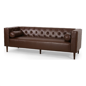 Pemberly Row 90&quot 3 Seater Sofa with Chesterfield Tufting in Brown Faux Leather
