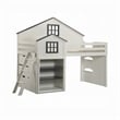 Pemberly Row Twin Loft Bed w/ House Design & Built In Bookshelf in White & Gray
