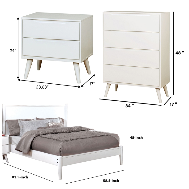 Pemberly Row 3Pc Full Bedroom Set w/ Tapered Legs & Flat Panel Headboard - White