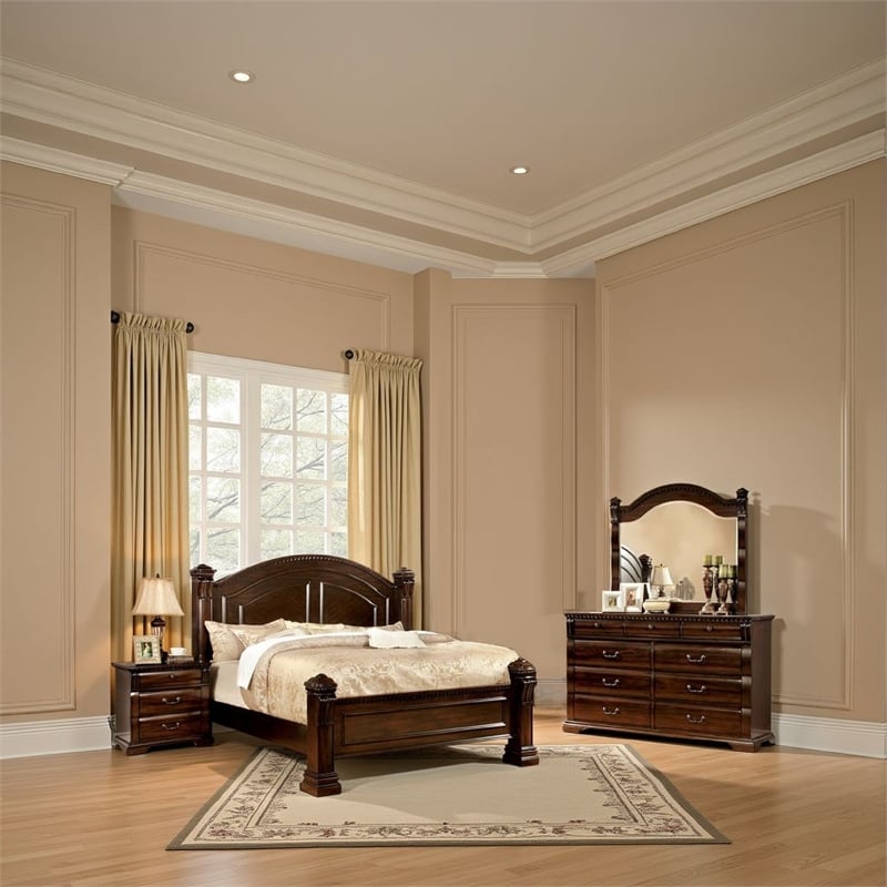 Pemberly Row 4 Pc Queen Poster Bedroom Set with Carved Accents in Cherry Brown