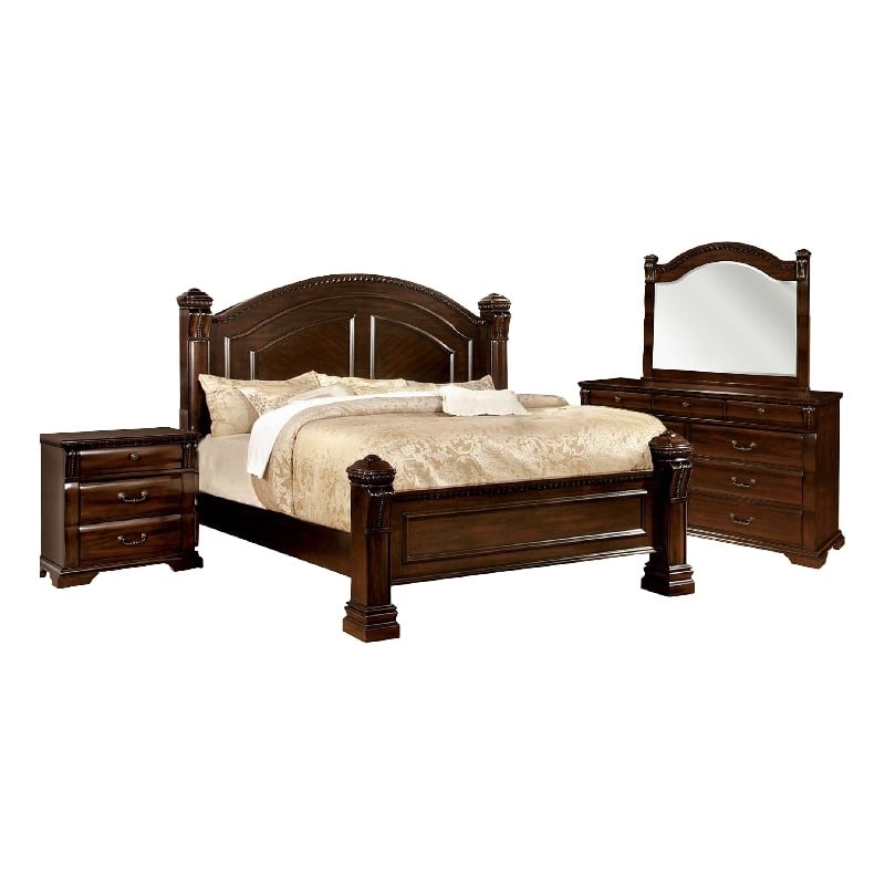 Pemberly Row 4 Pc Queen Poster Bedroom Set with Carved Accents in Cherry Brown