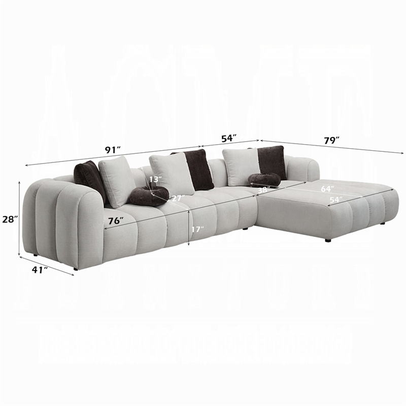 Pemberly Row 145 Inch Sectional Sofa with 8 Throw Pillows in Ivory White Linen