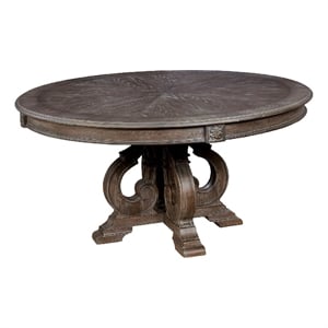 Pemberly Row Wood Round Dining Table with Carved Pedestal Base in Rustic Brown