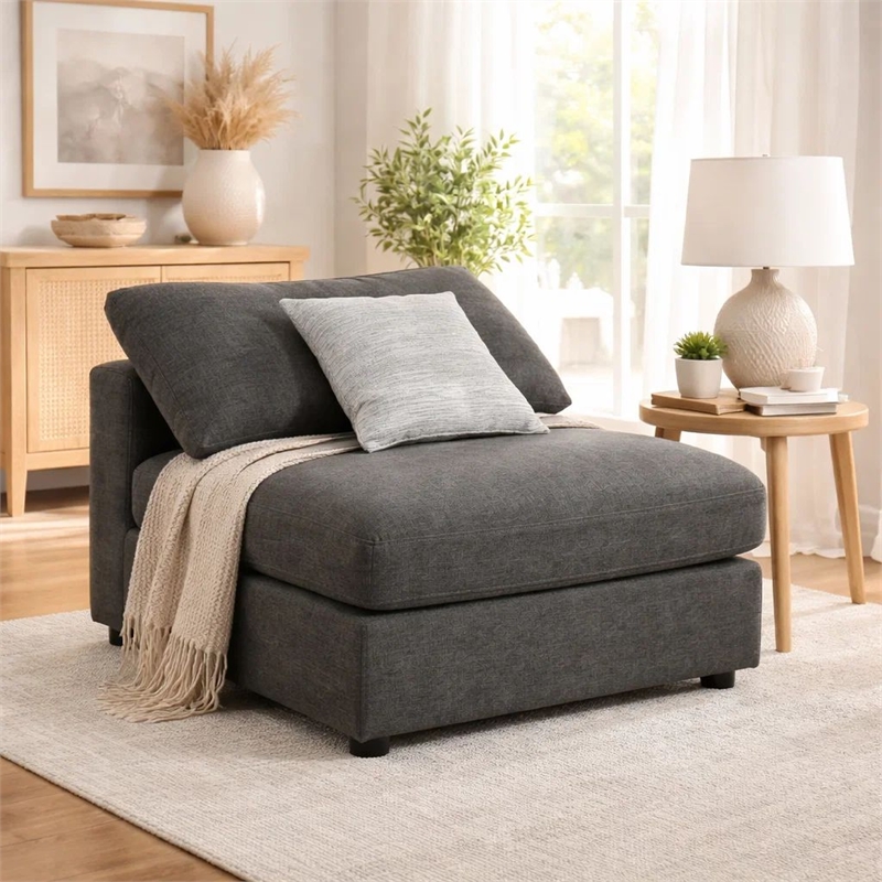 Pemberly Row Fabric Upholstered Armless Chair w/ Loose Cushion Seat in Dark Gray