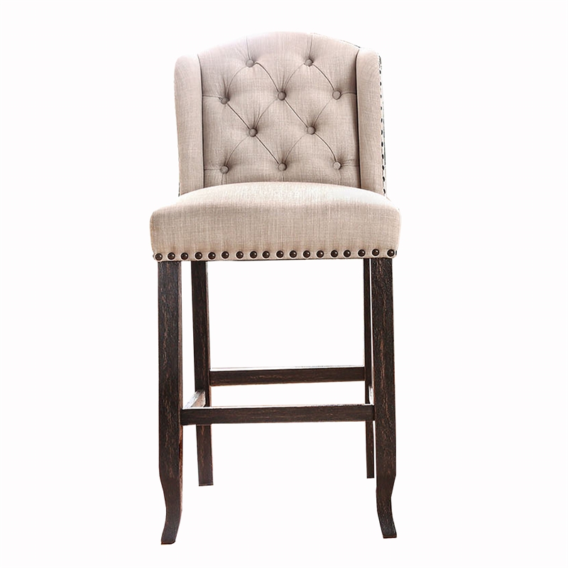 Pemberly Row Set of 2 Button Tufted Bar Chairs w/ Nailhead Trim in Beige & Black