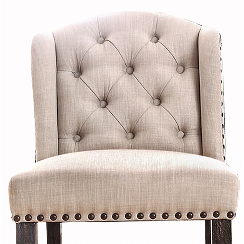 Pemberly Row Set of 2 Button Tufted Bar Chairs w/ Nailhead Trim in Beige & Black