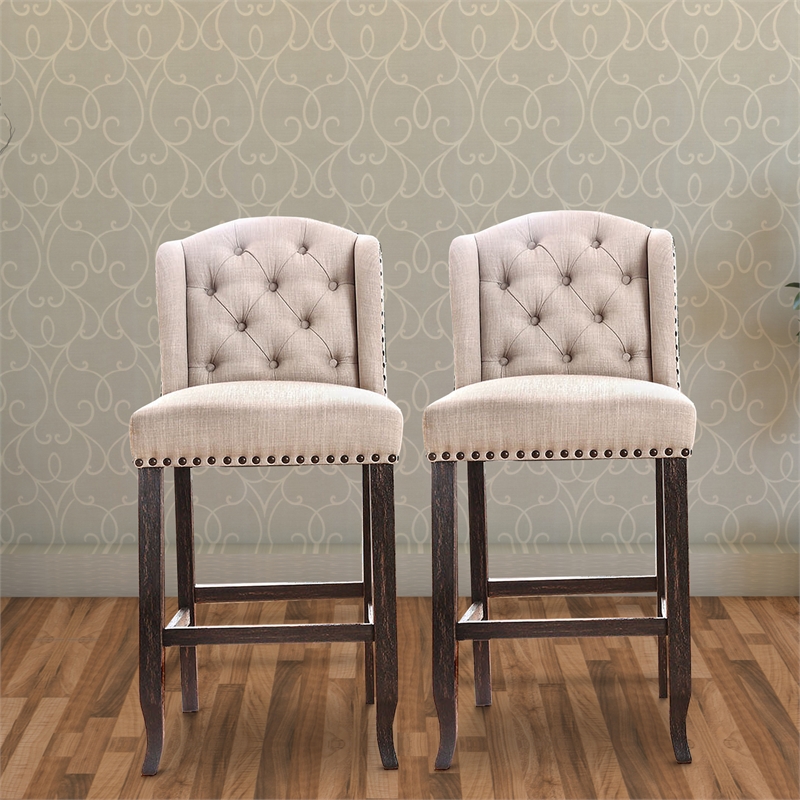 Pemberly Row Set of 2 Button Tufted Bar Chairs w/ Nailhead Trim in Beige & Black