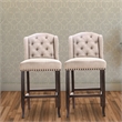 Pemberly Row Set of 2 Button Tufted Bar Chairs w/ Nailhead Trim in Beige & Black