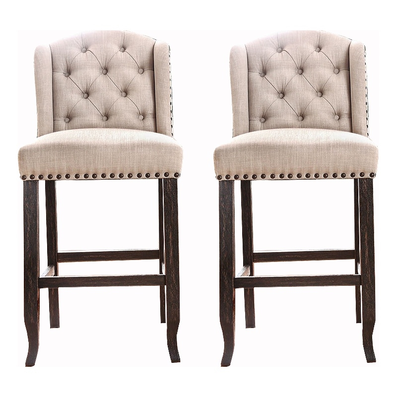 Pemberly Row Set of 2 Button Tufted Bar Chairs w/ Nailhead Trim in Beige & Black