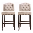 Pemberly Row Set of 2 Button Tufted Bar Chairs w/ Nailhead Trim in Beige & Black