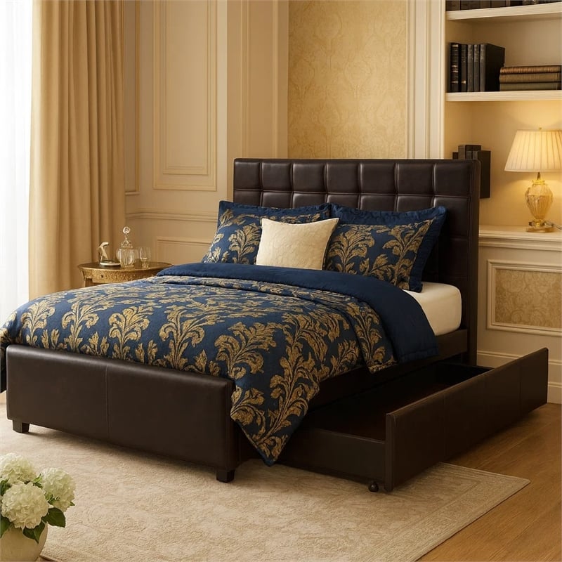 Pemberly Row Full Bed with Trundle & 2 Storage Drawers in Espresso Faux Leather