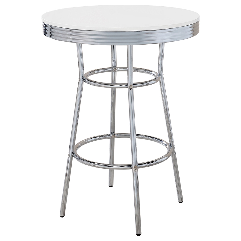 Pemberly Row 3 Pc Retro Bar Table Set with 2 Swivel Stools in White and Chrome