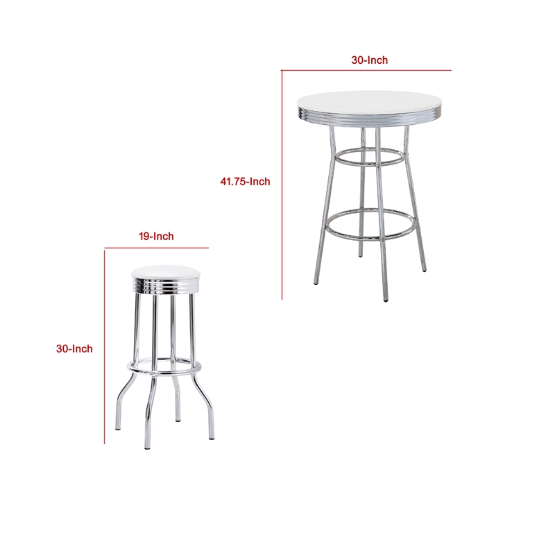Pemberly Row 3 Pc Retro Bar Table Set with 2 Swivel Stools in White and Chrome