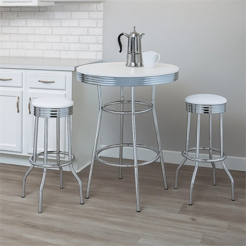 Pemberly Row 3 Pc Retro Bar Table Set with 2 Swivel Stools in White and Chrome