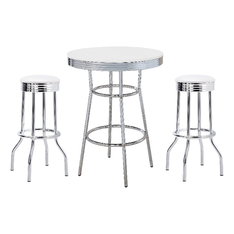 Pemberly Row 3 Pc Retro Bar Table Set with 2 Swivel Stools in White and Chrome
